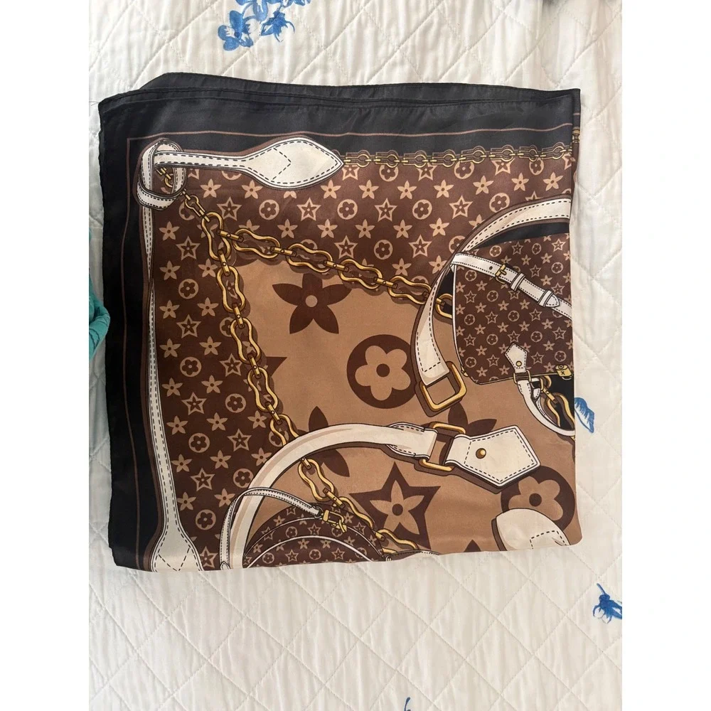 Designer Inspired Monogram Handbag Print Square Scarf Brown Tan Gold Chain